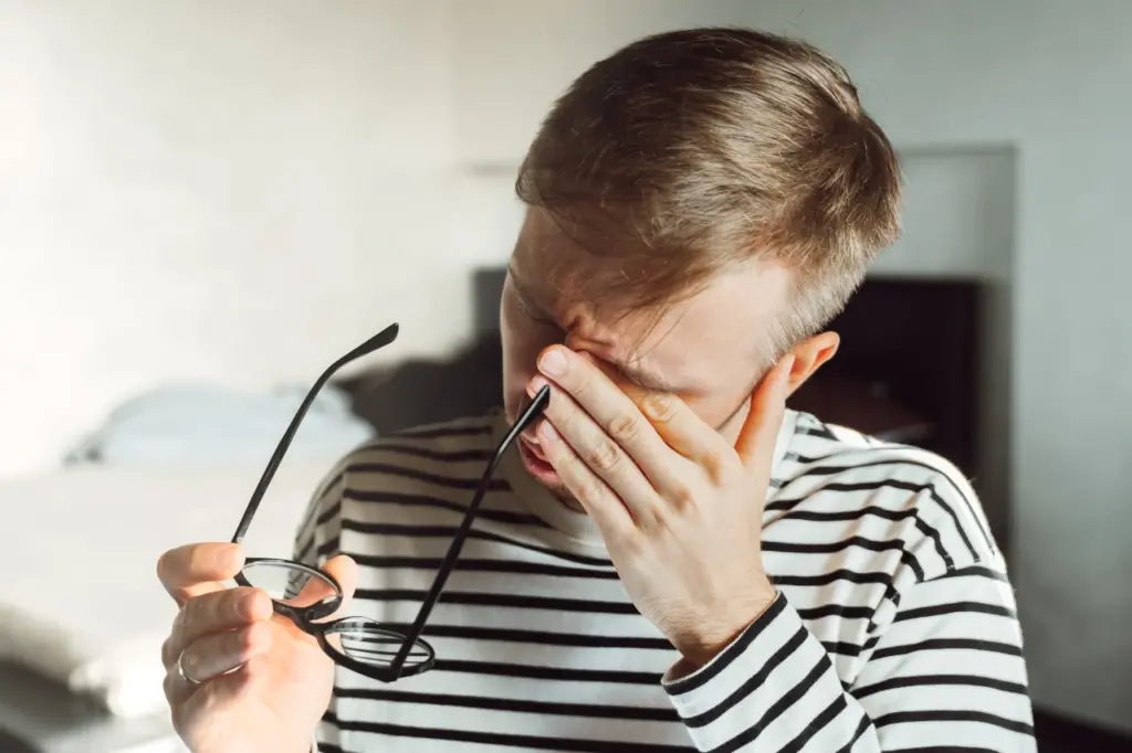 Exhausted caregiver rubbing his eyes, needing respite care